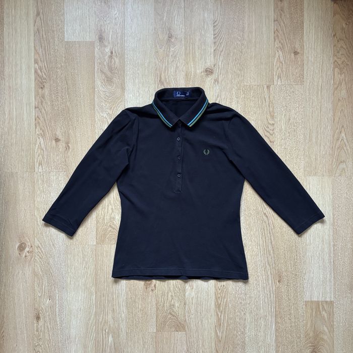 Tricou polo damă Fred Perry, negru bumbac piqué twin tipped mânecă 3/4 casual top, size L
