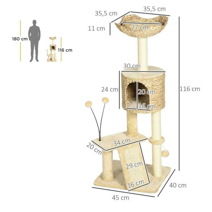 PawHut Дърво за котки с котешка пещера, платформа за отдих, топка за игра, 45x40x116 см