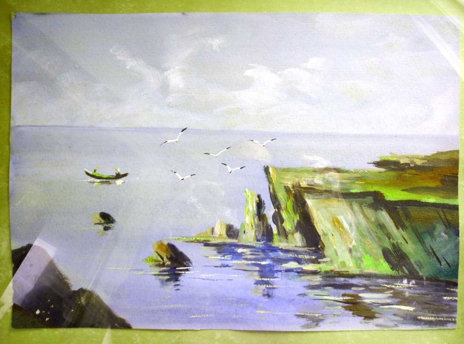 Стара МАСЛЕНА КАРТИНА Море и Планински Пейзаж ТЕМПЕРА - 70те Години БГ