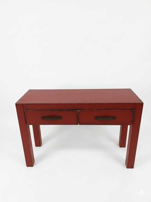 Consolă lemn  masiv burgundy unicat, patinată, mânere piele, sertare