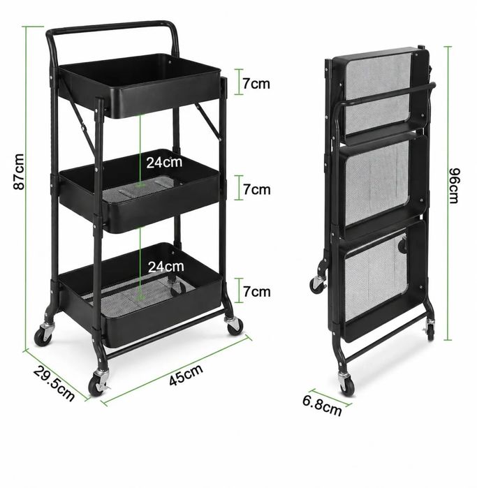 Raft metalic pliabil, 3 rafturi, roți pivotante cu blocare, capacitate 30 kg, fără montaj, negru