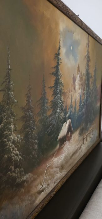 Tablou peisaj de iarnă – pictură semnată, cadru vintage