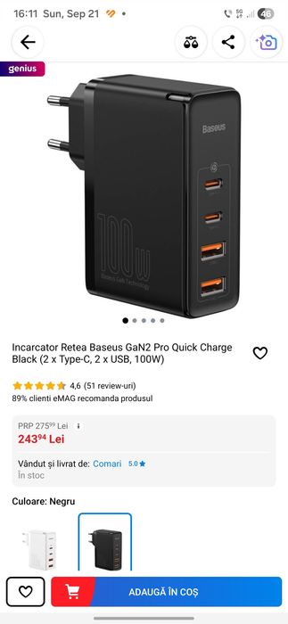 Încărcător Baseus GaN2 Pro 100W – 2xUSB-C + 2xUSB-A