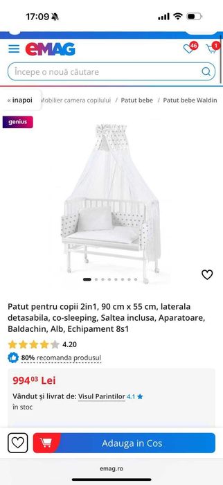 Patut pentru bebe din lemn, cu sina speciala pentru dentitie