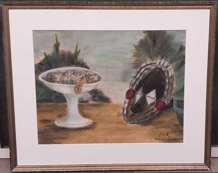 Tablou vechi - natura statica cu masca - semnat Iser 1934