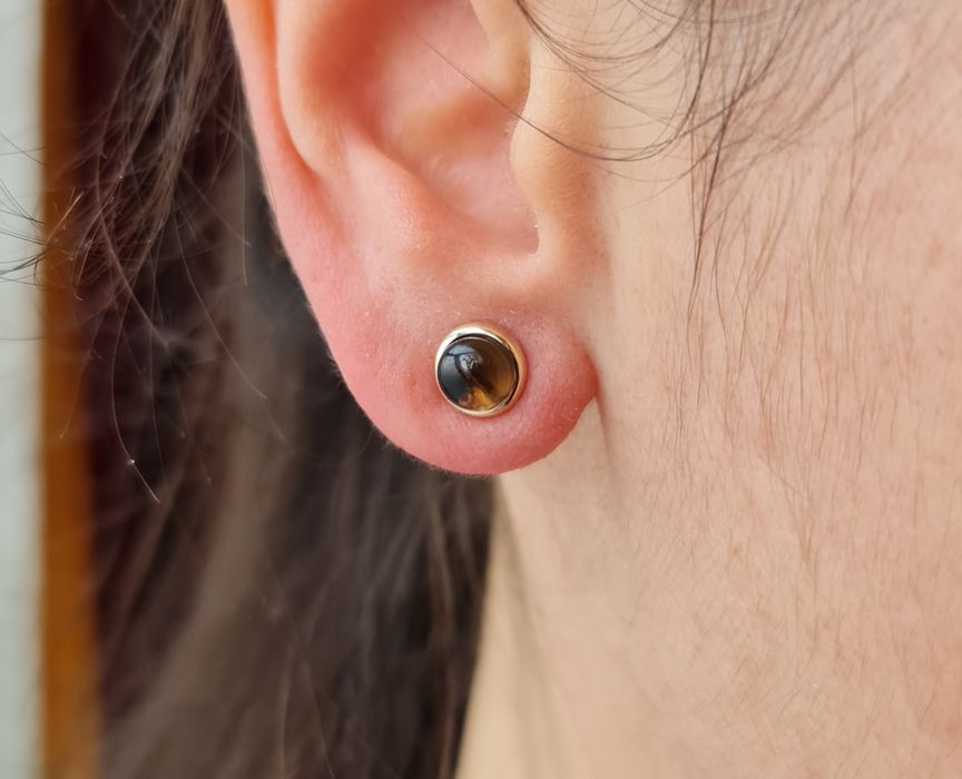 Cercei aur galben 14k cu coarț fumuriu natural