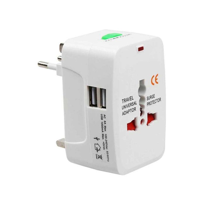 Преходник за пътуване, универсален UK, EU, US, AU, 2xUSB, 220VAC, 6A