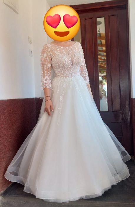 Rochie de mireasă ivoire elegantă, mărime reglabilă 36-42, cu mâneci