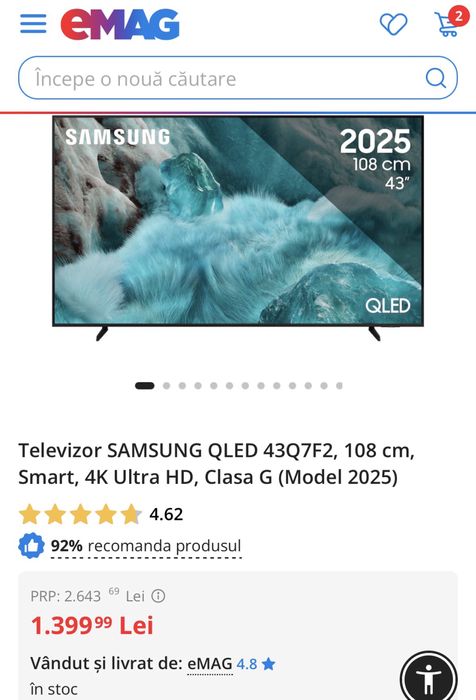 MDM vinde: TV Samsung  Qled QE43Q7F2AU, 108cm, Smart, 4K.