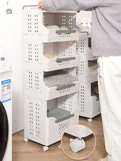 Пластиковая корзина для белья на колесах, 4-х уровневая мобильная