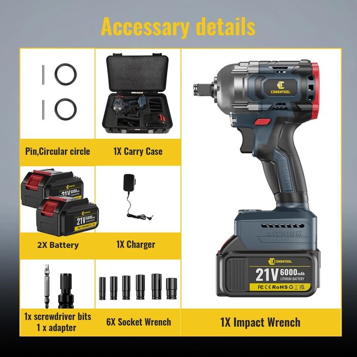 CONENTOOL 21V Безжичен ударен гайковерт. винтоверт/бормашина, 620N