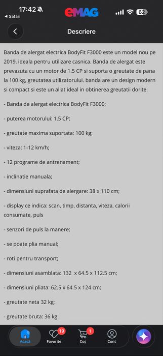 Bandă de alergare electrică BodyFit F3000