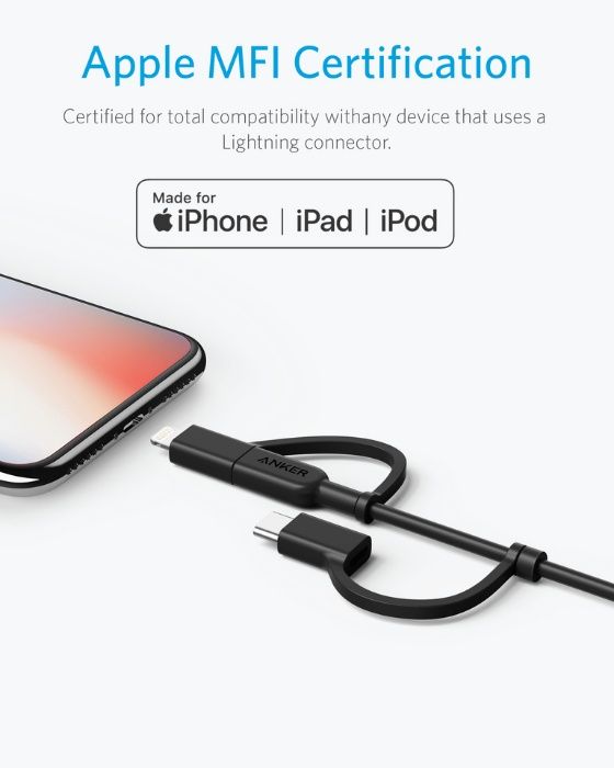 Anker Powerline II 3 in 1 USB-micro+USB-C+Lightning кабел,черен/бял