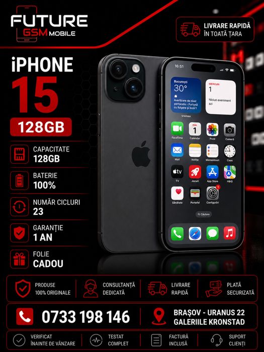 Iphone 15 /128Gb/100% / 1 an garantie/ Future Gsm Mobile