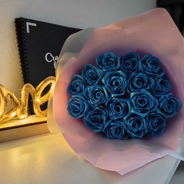 Готовый букет из атласных лент, Синие розы 11 шт.