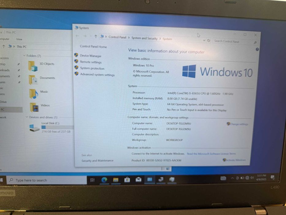 Laptop Lenovo ThinkPad L490 i5-8365U, 8GB RAM | SSD 256Gb