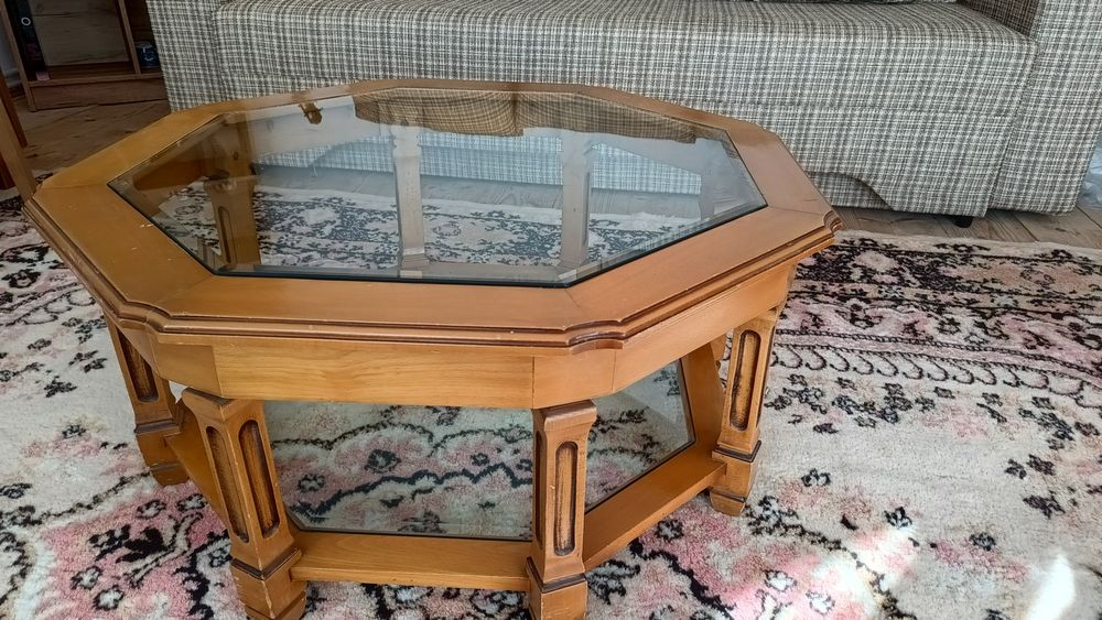 Măsuță cafea octogonala lemn masiv, cristal