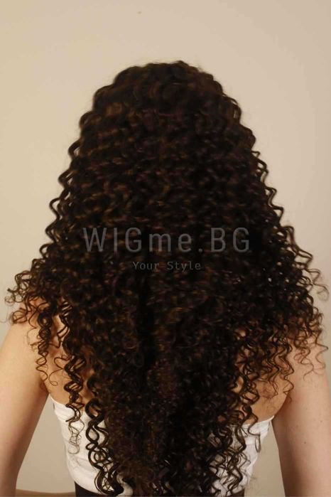 Дълга къдрава тъмнокестенява лейс фронт перука Малена