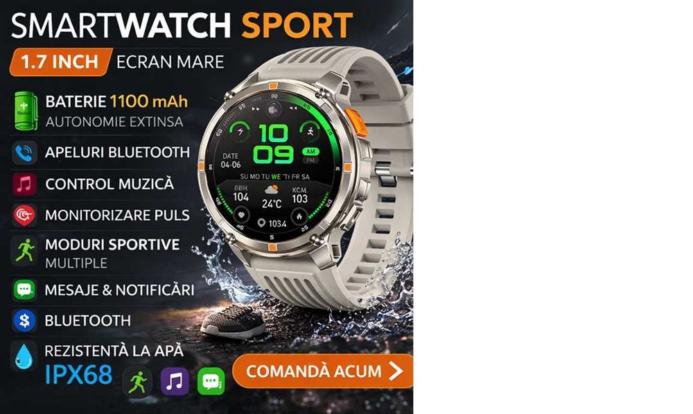 Smartwatch, ecran 1.7 HD, baterie 1100 mAh,autonomie 20-30 zille,IPS68