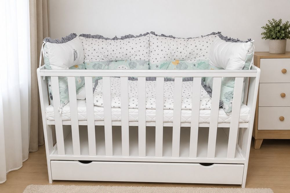 Pătuț bebe din lemn cu sertar + saltea cocos + protecții Deseda
