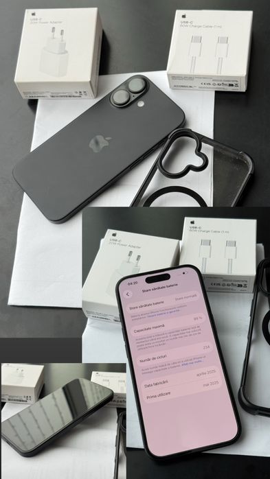 iPhone 16 Black 128GB Neverlocked•Garantie 2026•Factura•Baterie 99%