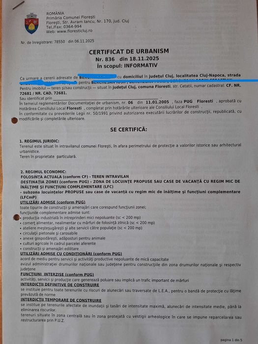 vand teren  intravilan  in centrul loc. Floresti