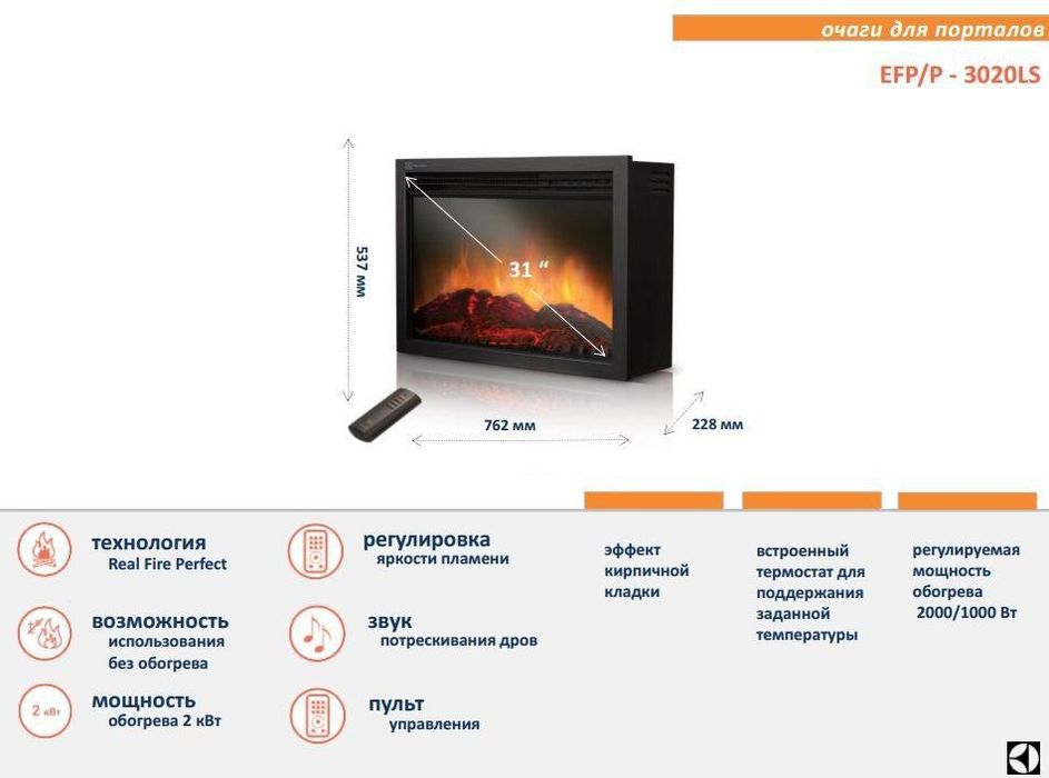 Электрический камин  Eleсtrolux от шведской компании (EFP/W1200URLS)