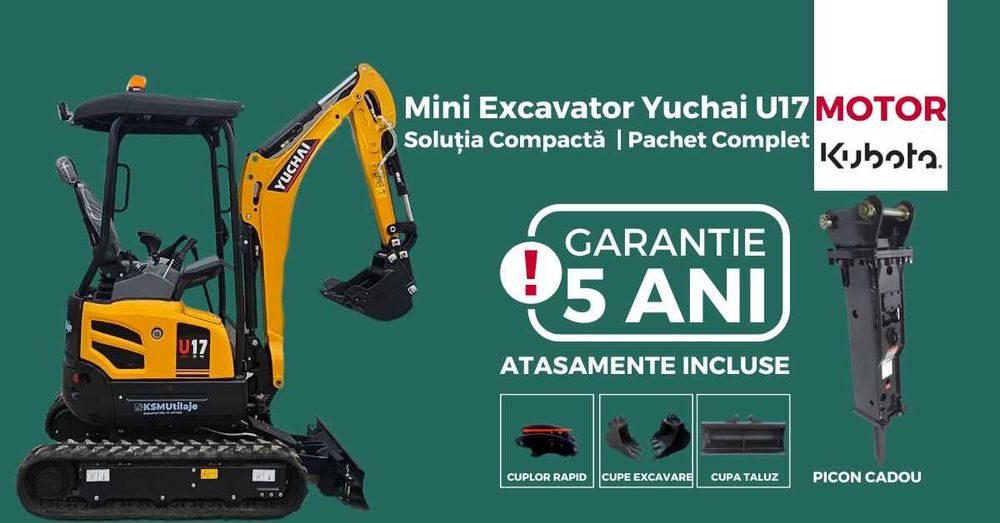 Mini Excavator Yuchai U17 - Picon CADOU | Coadă ZERO | Garantie 5 ani