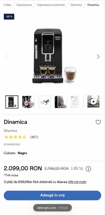 Vând Espressor cafea DeLonghi Dinamica  ECAM 350.15 B