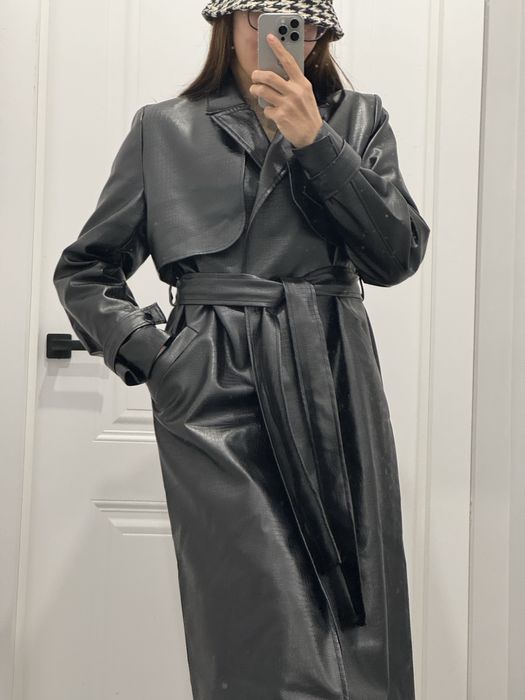 Кожаный длинный тренч плащ