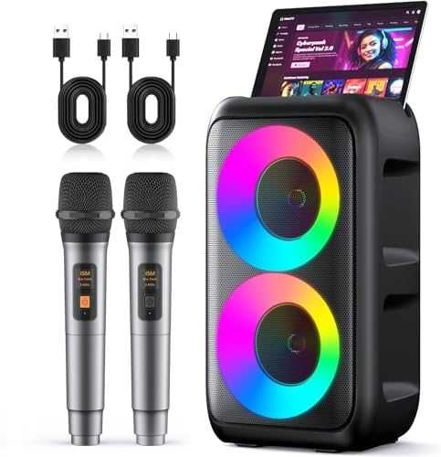 Нова Портативна караоке машина с 2 безжични микрофона Bluetooth USB AUX TF LED
