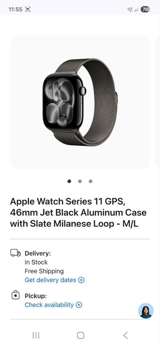 Apple Watch 11, 46mm, Jet Black Aluminium, Milanese Loop, GPS