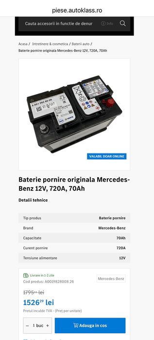 Baterie auto AGM 70Ah Mercedes , stare perfectă