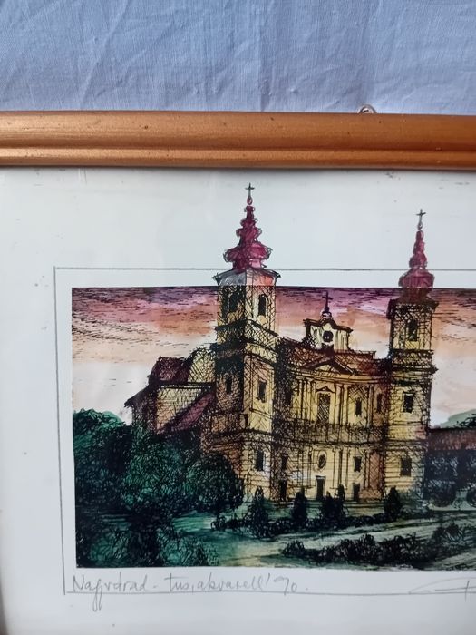 Pictură - Péli Emődi Etelka: Nagyvárad, Római- katolikus Bazilika,1990