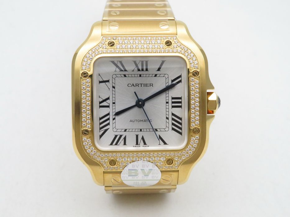 Cartier Santos de Cartier 35mm дамски - жълто злато, диаманти, бял циферблат - QC снимки
