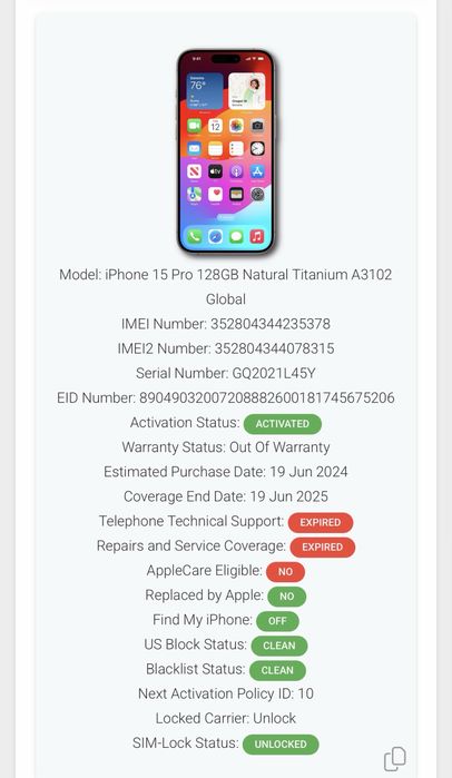 iPhone 15 Pro 128GB 88% Natural Titanium Neverlocked