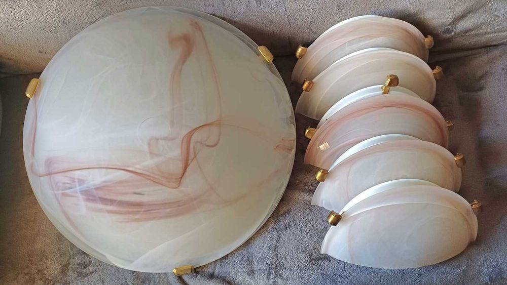 Set: plafoniera tavan+5 aplice perete+becuri, abajururi din sticla