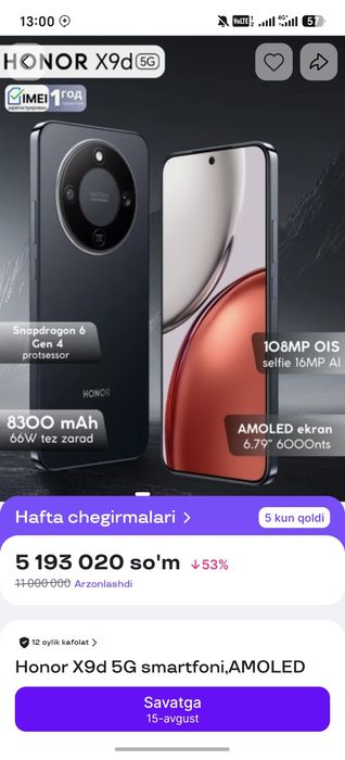 1 yil kafolati bor lekin dakument karobkasi yoq