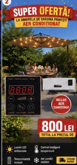 Super-Oferta !! Umbrela luminata de gradina 3x3 m + Aer Conditionat Mobil Gratuit .Totul la pachet Promotional