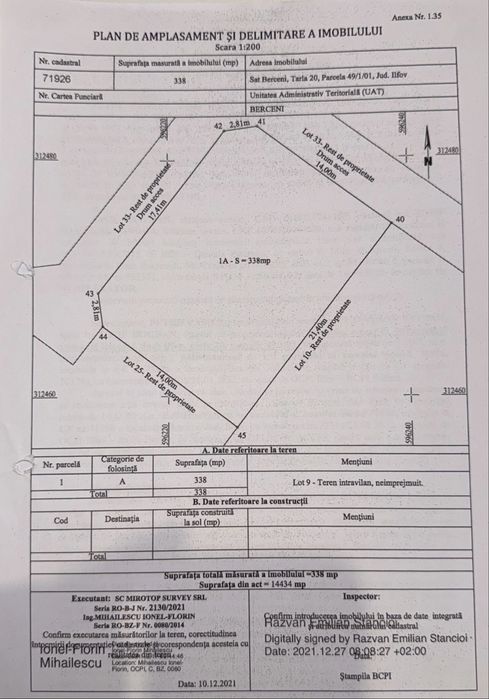 Vand teren intravilan ,338 mp,Com Berceni,in capatul str. Calugareni