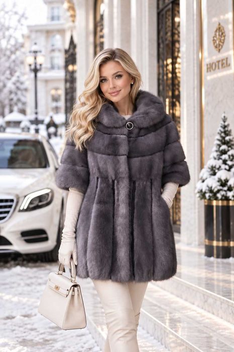 Haină de Nurcă Naturală Premium , Vizon , Blană de Lux , Culoare Exclusivă Gri , Mărime L–M