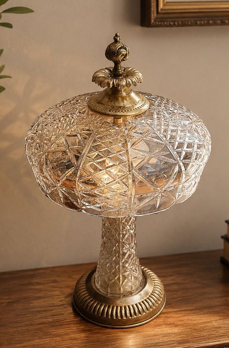 Lampă de masă vintage  realizată din cristal tăiat manual, având o bază și accente din alama și  bronz.