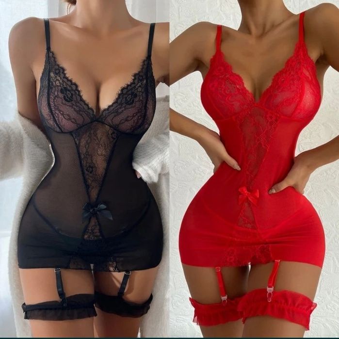 Costum Sexi Negru/Roșu cu Portjartiere și Tanga, Elegant