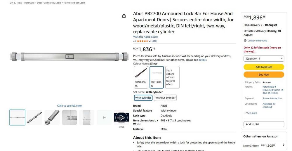 Abus PR2700 - Bară de blocare blindată uși case și apartamente - Nouă