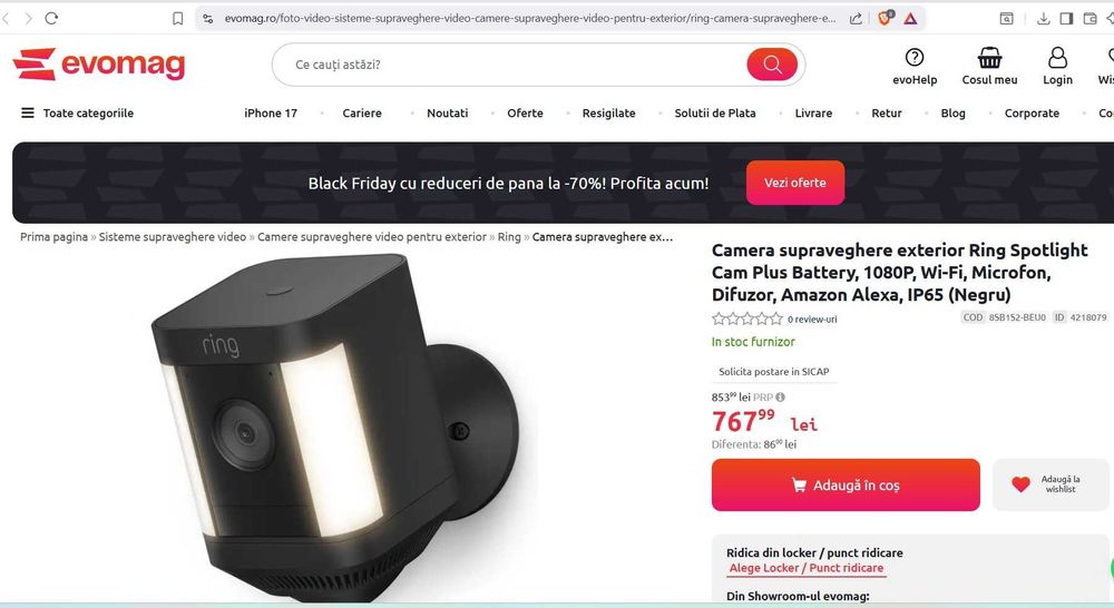 Cameră de supraveghere Ring Spotlight Cam Plus (pe baterie)