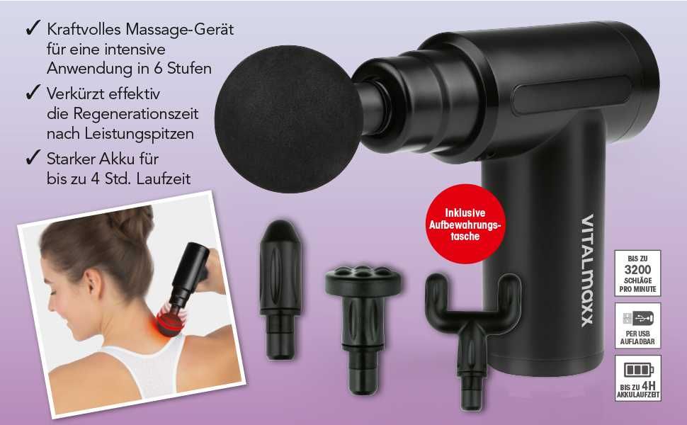 Aparat de masaj VITALMAXX Power Plus, mini pistol de masaj compact si puternic, calitate premium, 4 accesorii diferite, nou sigilat, realizat Germania