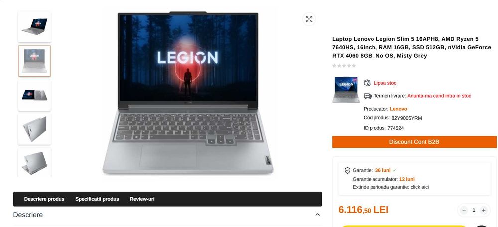 Gaming Lenovo Legion Slim 5 16APH8 cu AMD Ryzen™ 5 7640HS, 16", WQXGA, 165Hz, 16GB, 512GB SSD, RTX 4060 8GB GDDR6, Schimb cu MACBOOK AIR