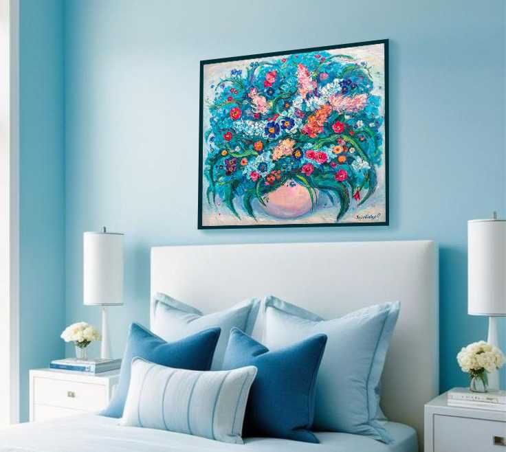 Картина. Бирюзовый букет. Холст, масло. 75х85 см.