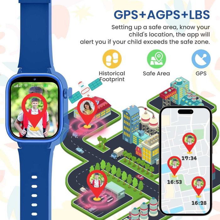 AKUMAKA Детски смарт часовник 4G Детски смарт часовник с GPS и видео разговори Гласов чат SOS