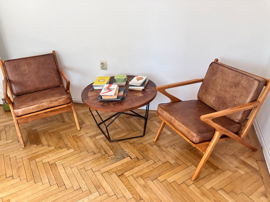Set  2 fotolii piele naturală + lemn masiv | Mid-Century Modern | Scandinavian